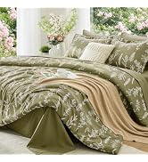 MUXHOMO Olive Green Bed in a Bag Queen 7 Pieces, Queen Comforter Set Reversible Botanical Flowers...