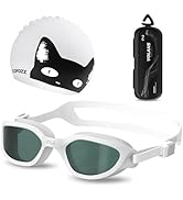 COPOZZ Silicone Swim Cap &amp; Swim Goggles Set – Anti-Fog Non-Slip Comfortable, Protect Hair &amp; Ears,...
