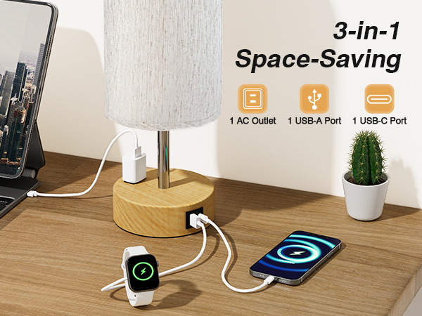 Bedside Lamp Touch Control Table Lamp with USB A+C Charging Ports 3-Way Dimmable Nightstand Lamp