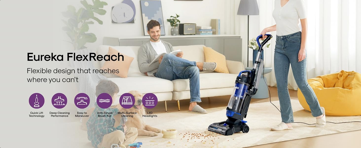 Mom, Dad, kids, and the dog are all in the living room. Mom is using a Eureka vacuum.