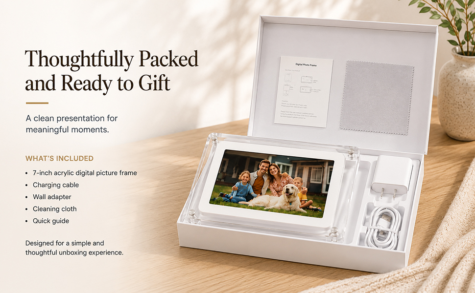 Acrylic digital frame packaging with accessories and unboxing presentation