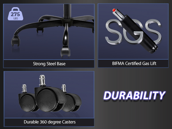 Durable chair with strong steel base, 360-degree casters and certified gas lift