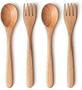 YFWOOD 4-Pieces Natural Wooden Children's Safe Flatware, 2 x Child Forks, 2 x Children Spoons, Ki...