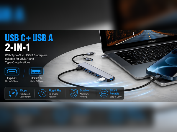 CPHUSA 2-in-1 USB-C and USB-A adapter with 5Gbps data transfer.
