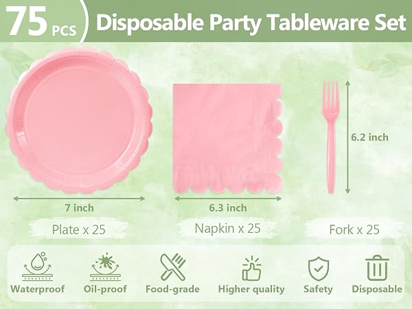 25 Guests pink party tableware set size