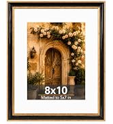 QOTIB 8x10 Picture Frame with 5x7 Mat, Black with Antique Gold Trim | Antique Gold Trim Borders; ...