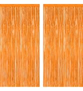 2 Pack Backdrop Curtains, 3.28 FT x 7.05 FT Orange Color Tinsel Backdrop, Metallic Party Streamer...