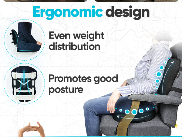 Person looking happy in a office setting, sitting on office chair, washable and soft memory foam