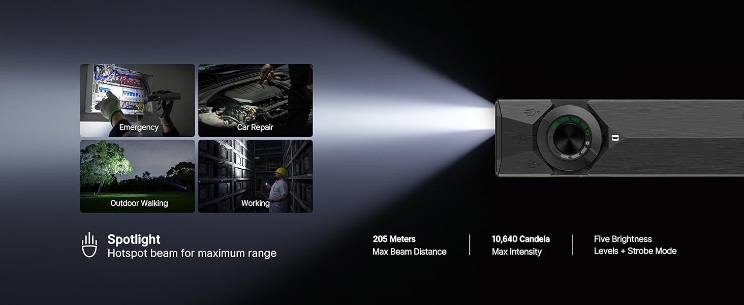 The Spotlight provides a wide illumination area and is suitable for camping