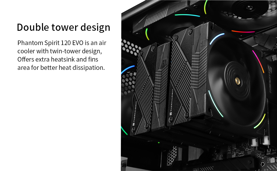 Computer cooling system with dual tower design. Black and green color scheme, featuring heatsinks and fans for improved heat dissipation.