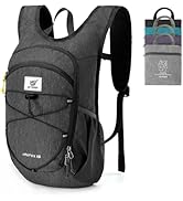 Dark gray backpack with multiple pockets and straps. Foldable design shown in stack of different colors. White logo patch on front pocket. Yellow zipper pull visible.