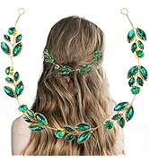 Aswewamt Green Crystal Bride Wedding Hair Vine Headband Green Leaf Headpiece Rhinestone Gold Brid...