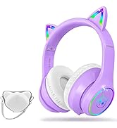 LOBKIN Bluetooth 5.3 Kids Headphones with Case - RGB LED Light Up Cat Ears Foldable Adjustable Ov...