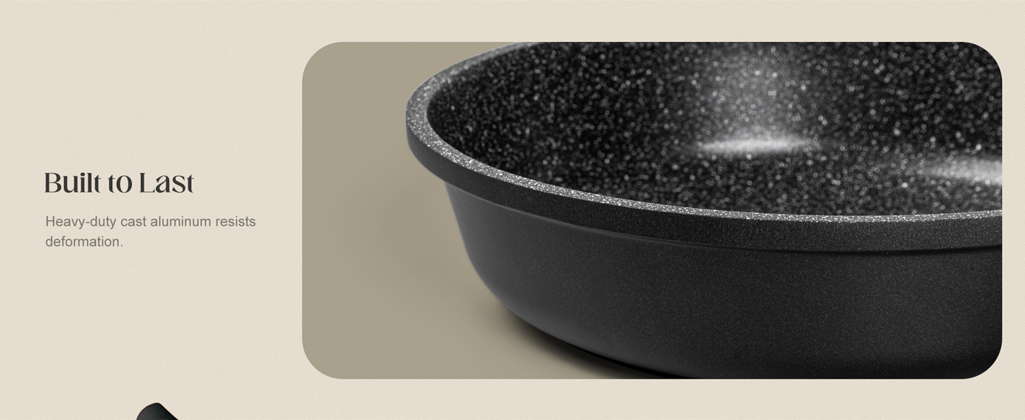 nonstick frying pan with silicone handle, ease of cleaning, works well on all cooktops, durable