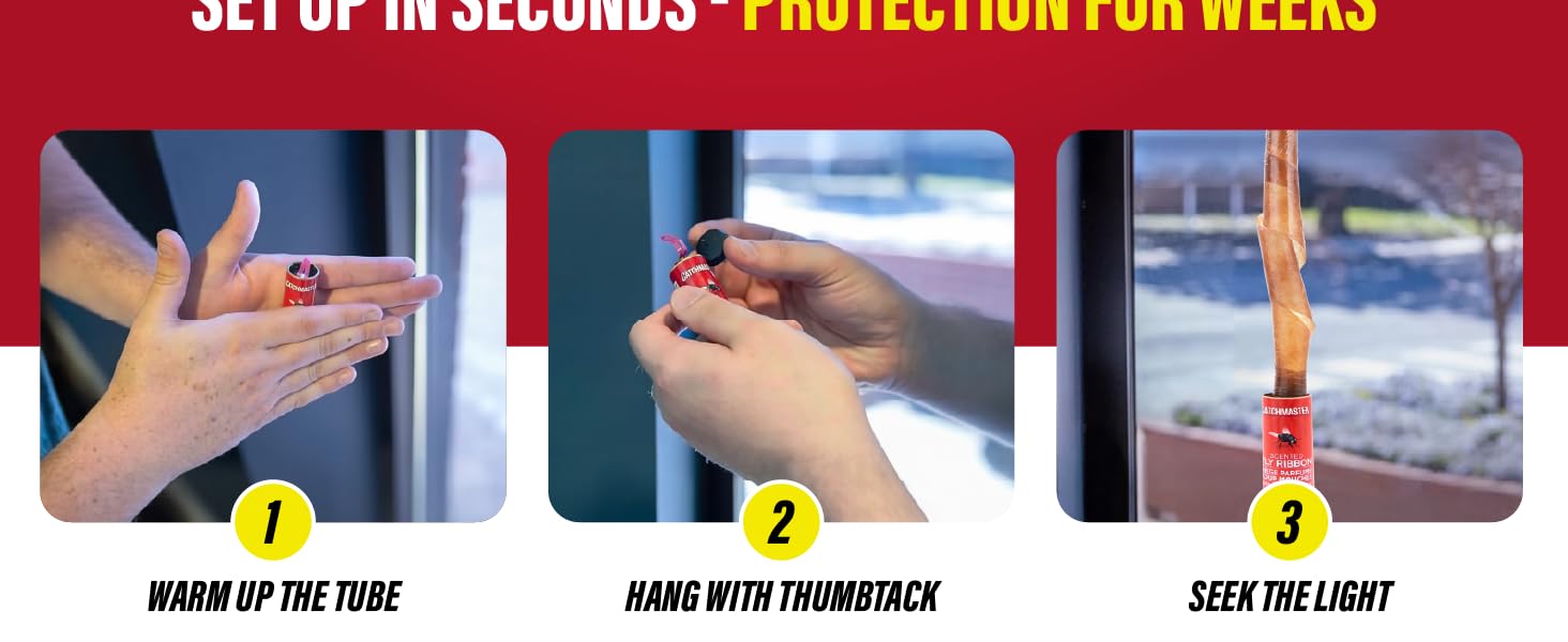 Three-step setup for Catchmaster fly ribbon: warm, pull, and hang the sticky trap.
