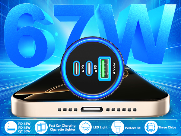MFi Certified 3-Port 67W PD/QC Car Power Adapter USB-C Car Charger Cigarette Lighter for iPhone 16