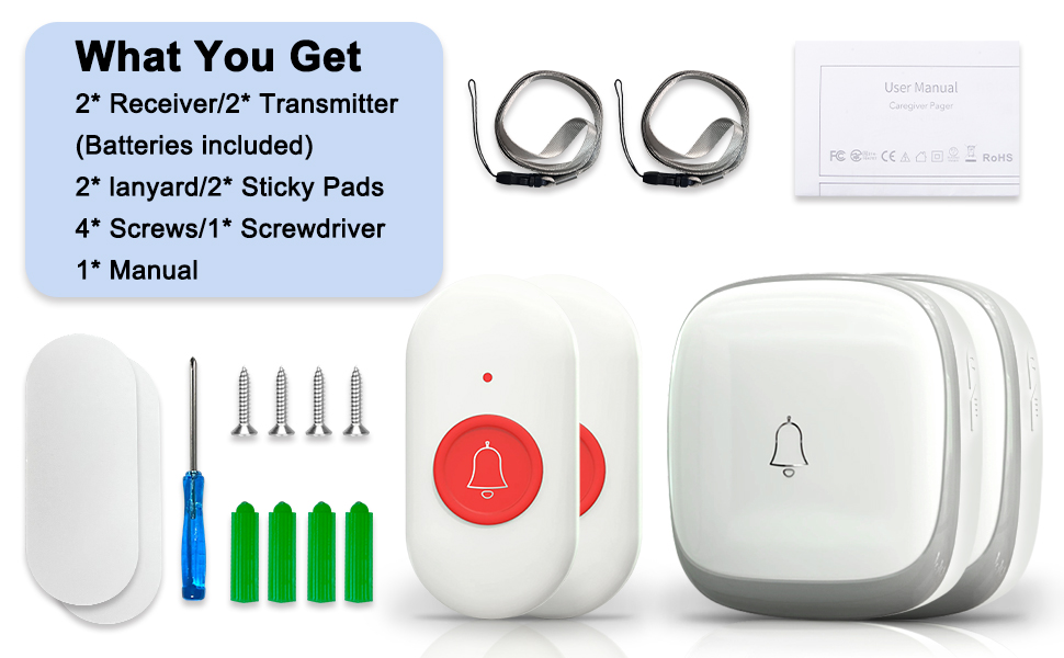 Wireless doorbell set including transmitter, receiver, sticky pads, screws, screwdriver, and manual. White devices with red button and bell icon visible.
