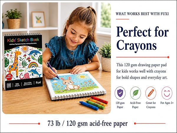 drawing paper pad for kids works with crayons for bold coloring, simple shapes and daily art