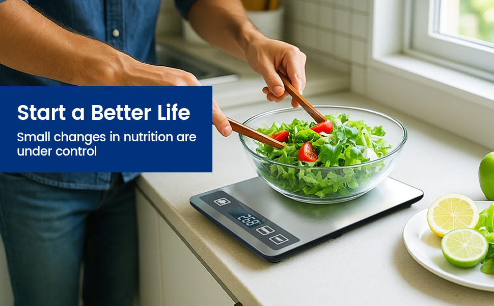 Digital kitchen scale weighing a glass bowl of salad. Person adding vegetables with chopsticks. Text overlay promotes nutritional changes. Lemon slices on plate nearby.