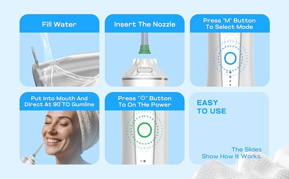 Step-by-step guide showing how to use the TBPO cordless water flosser – fill water, insert nozzle,