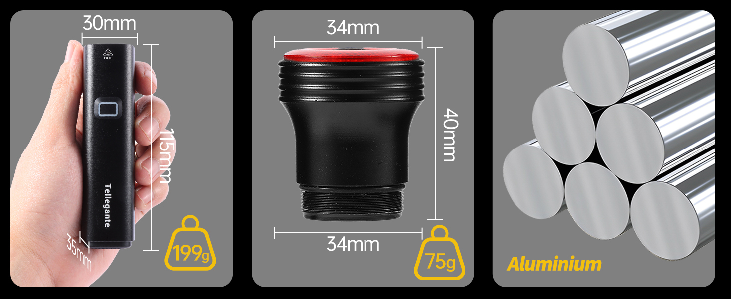 Composite image: Hand holding black cylindrical device, 30mm wide. Black cylindrical object with red rim, 54mm wide, 40mm tall. Multiple aluminum rods shown in cross-section.