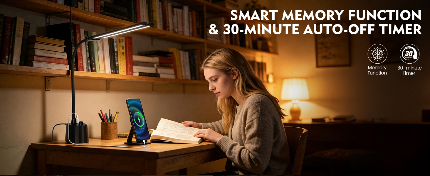 Desk Lamp with USB Charging Ports, Dual Head Adjustable 5 Color Dimmable Reading Light with Adapter