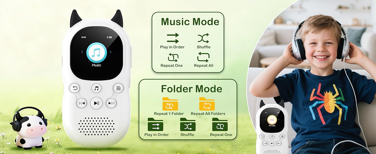 64GB Cute MP3 Player for Kids - Cartoon Portable Music Player, Child MP3 Player with Bluetooth