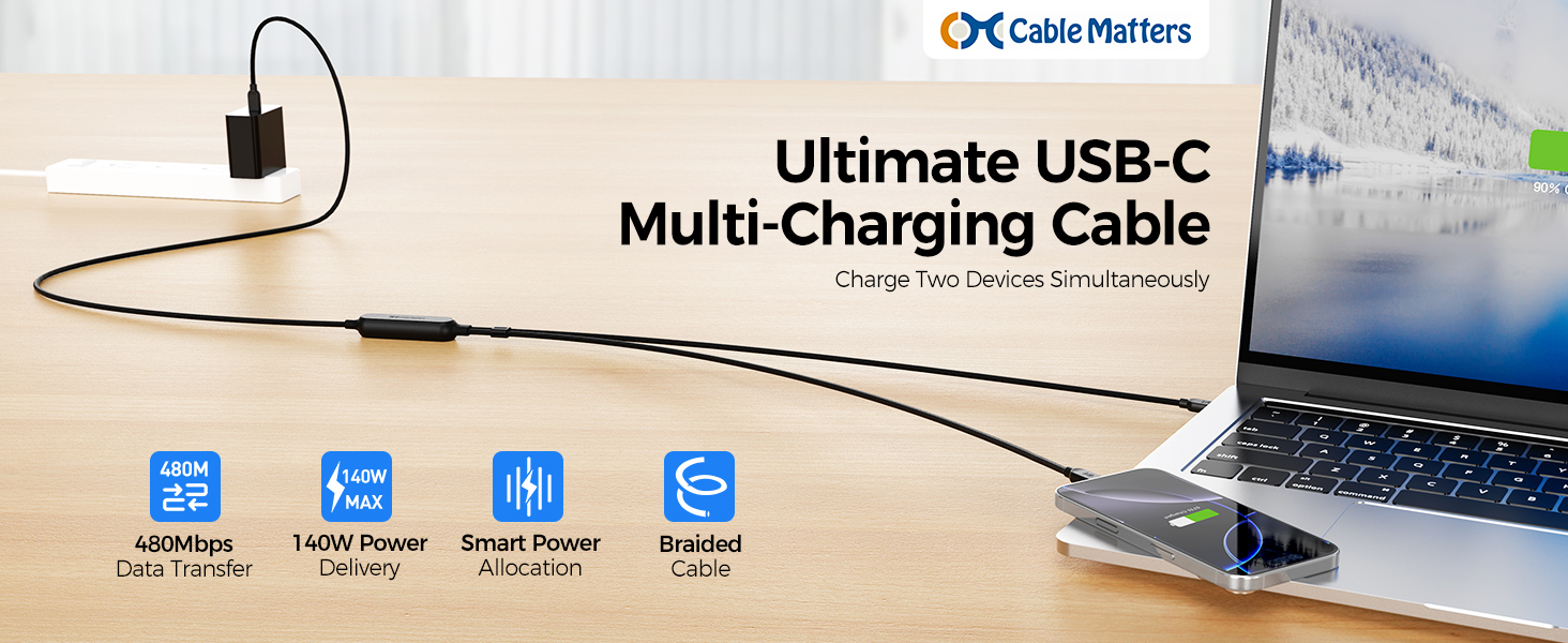 USB C multi charging cable with 140W PD for charging laptop and smartphone simultaneously.