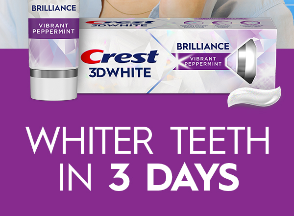 Happy woman brushing her teeth with Crest 3DWhite. Whiter Teeth in 3 Days.