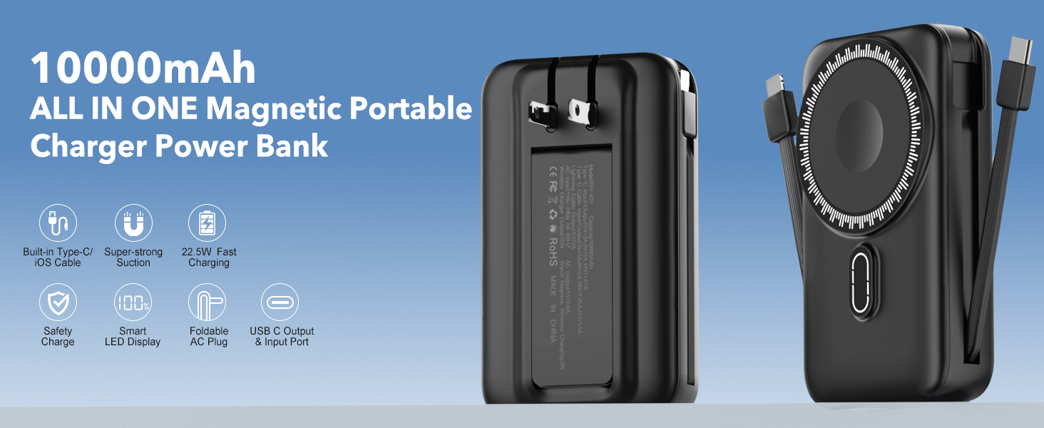 10000mAh ALL IN ONE Magnetic Portable Charger Power Bank with Wall Plug