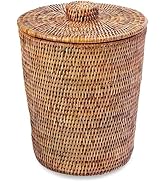 KOUBOO La Jolla Rattan Round Waste Basket With Lid &amp; Plastic Insert, 2 Gallon Woven Wastebasket f...