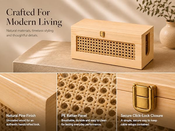 Close-up of premium pine wood, woven panel and secure metal latch on cable management box.