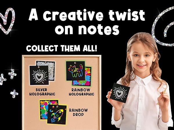 Girl proudly holds her scratch art note, showcasing beautiful designs made with joy and care