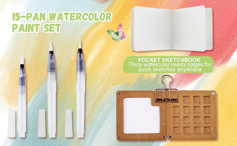 Mini watercolor travel set with 15-pan palette, pocket sketchbook, brushes, and wood box.
