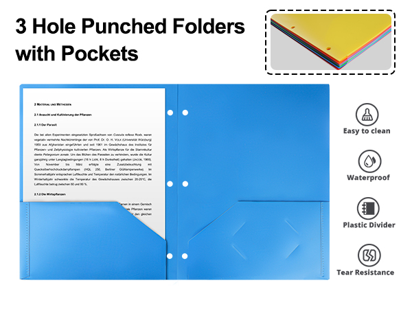 6 Pack Folders with Pockets, Plastic 3 Hole Punched Binder Folders with Business Card Holder
