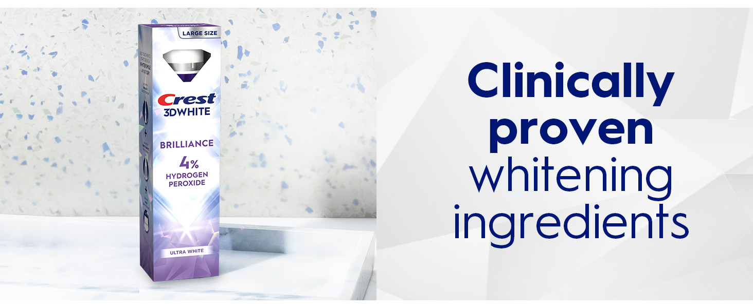 Crest 3DWhite toothpaste on bathroom counter. Clinically proven whitening results.