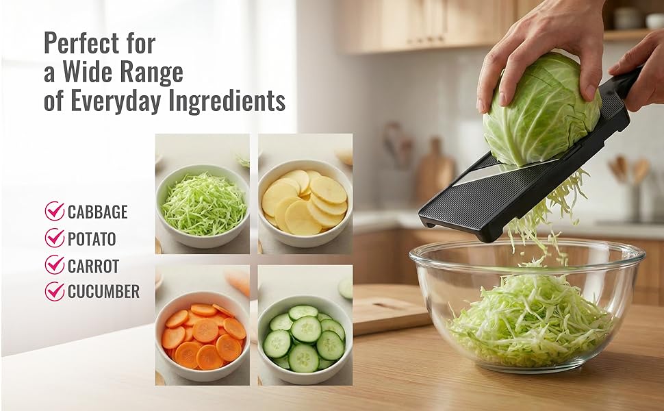 mandelin veg shimomura slicer cutting cabbage, potato, carrot and cucumber into bowl