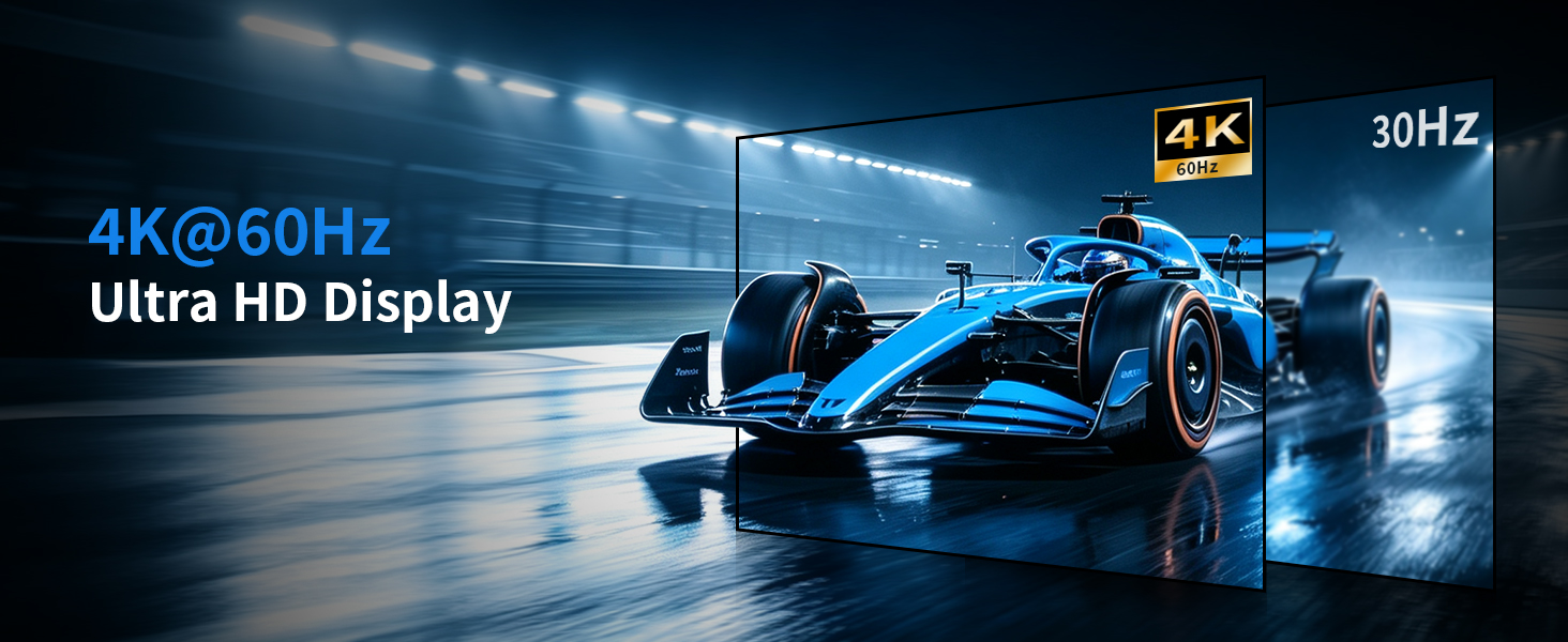 Text reads '4K@60Hz Ultra HD Display' and '30Hz'. Blue futuristic racing car in motion on digital track with streaming data visualization and performance specifications displayed.