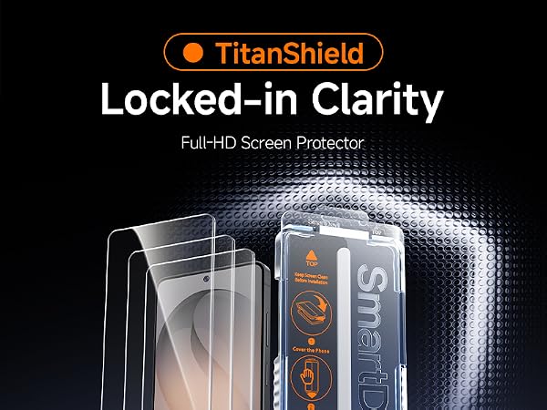 Text reads 'Locked-in Clarity' and 'FullHD Screen Protector'. Series of promotional images showing a transparent screen protector with blue lighting effects.