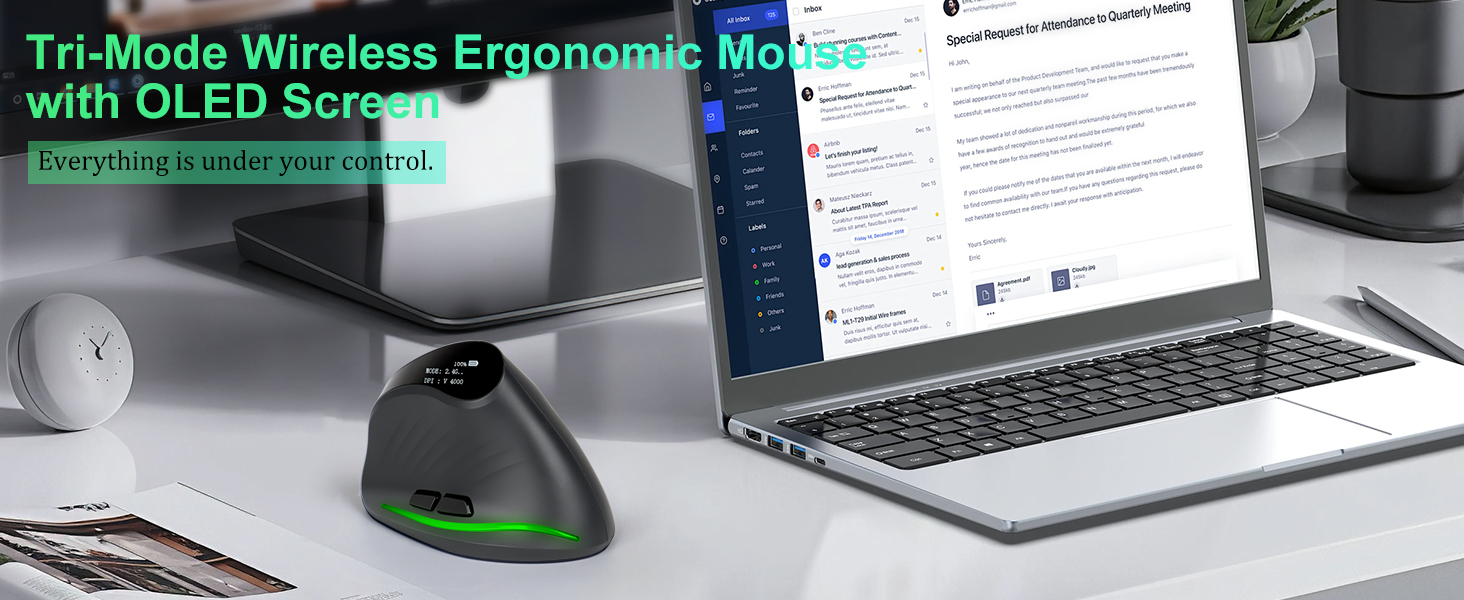 Tri-Mode Wireless Ergonomic Mouse with OLED Screen