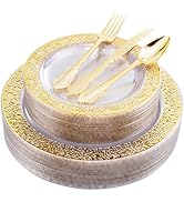 COLOSUS 150pcs Clear Gold Lace Plastic Party Plates Disposable Dinnerware set include 30 dinner p...