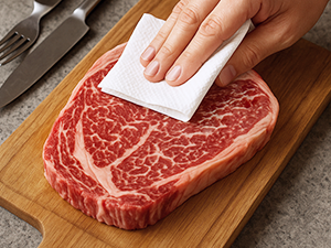 Hand using paper towel to pat dry raw steak before vacuum sealing.