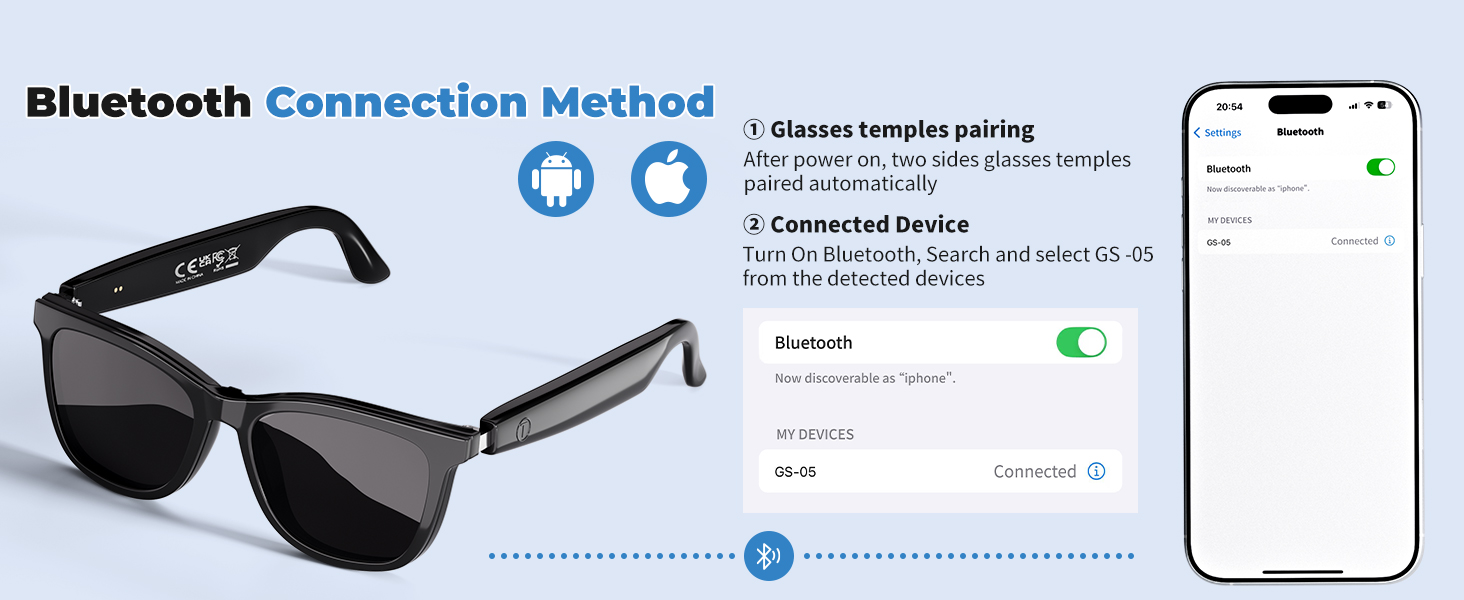 Smart glasses that connect Bluetooth for calls or music playback