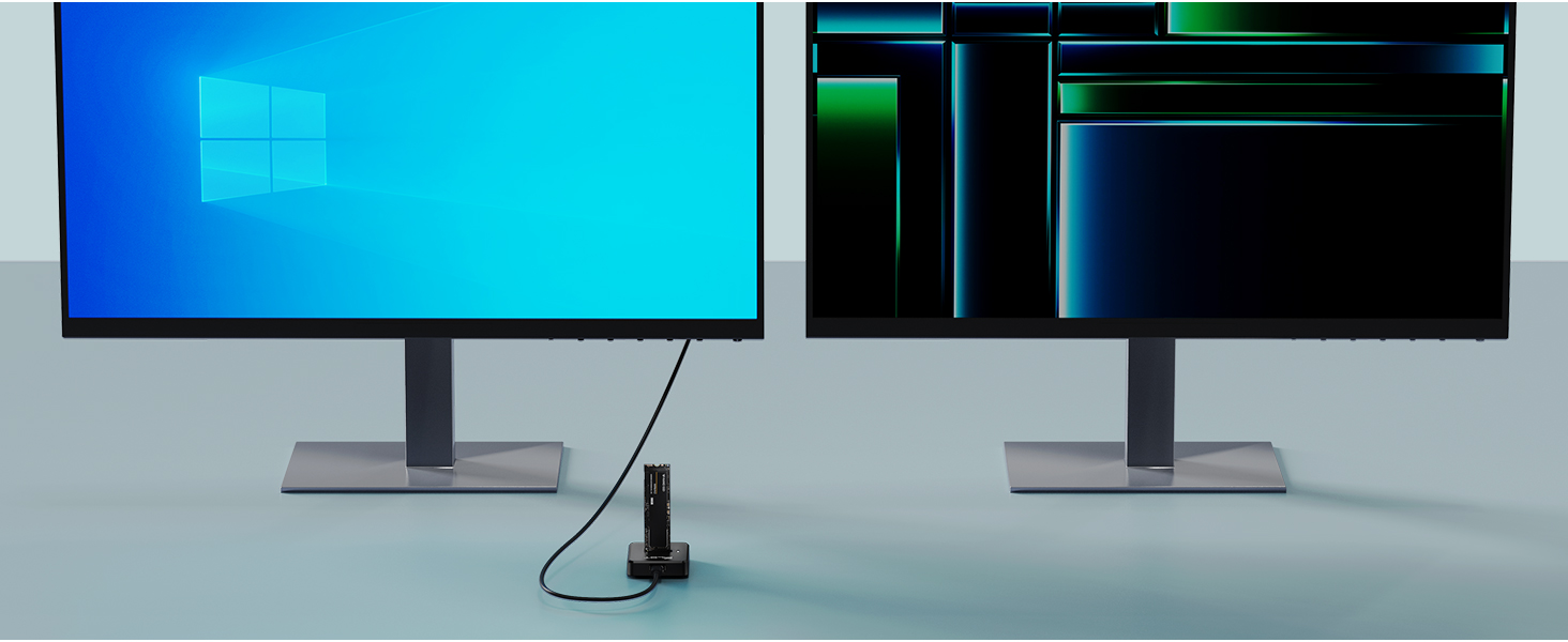 Portable media library for designers to transfer large RAW files and 4K videos via USB C dock.
