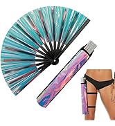 FOWSRHRG Glitter Large Rave Folding Hand Fan with Holster, 13" Laser Rave Handheld Fan for Women,...