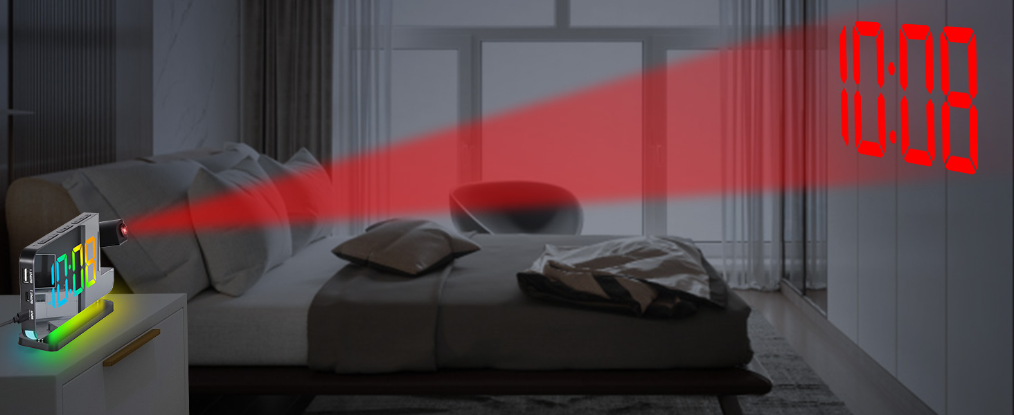 Projection Alarm Clock,7.4 in LED Mirror Digital Clocks Projection on Ceiling Wall,RGB Night Light