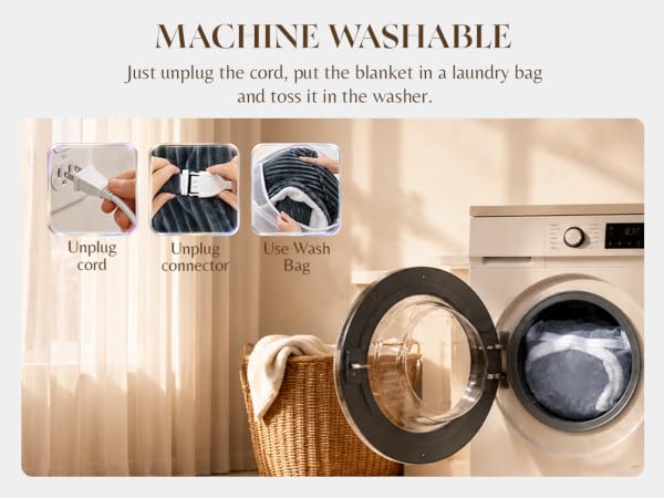 Machine washable heated blanket, unplug cord wash in laundry bag, easy care electric throw