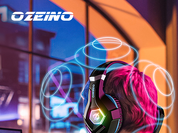 Gaming headset with pink and black design, illuminated by blue light. Multiple circular light trails surround the headset, suggesting motion or audio visualization.