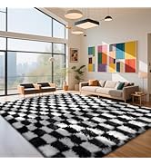 Checkered Rug for Living Room, 8x10 Black and White Area Rugs, Classic Checkered Carpets Shaggy A...