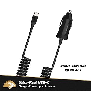 3.0 Fast Car Charger with Attached 3-Foot Adjustable Coiled Cable